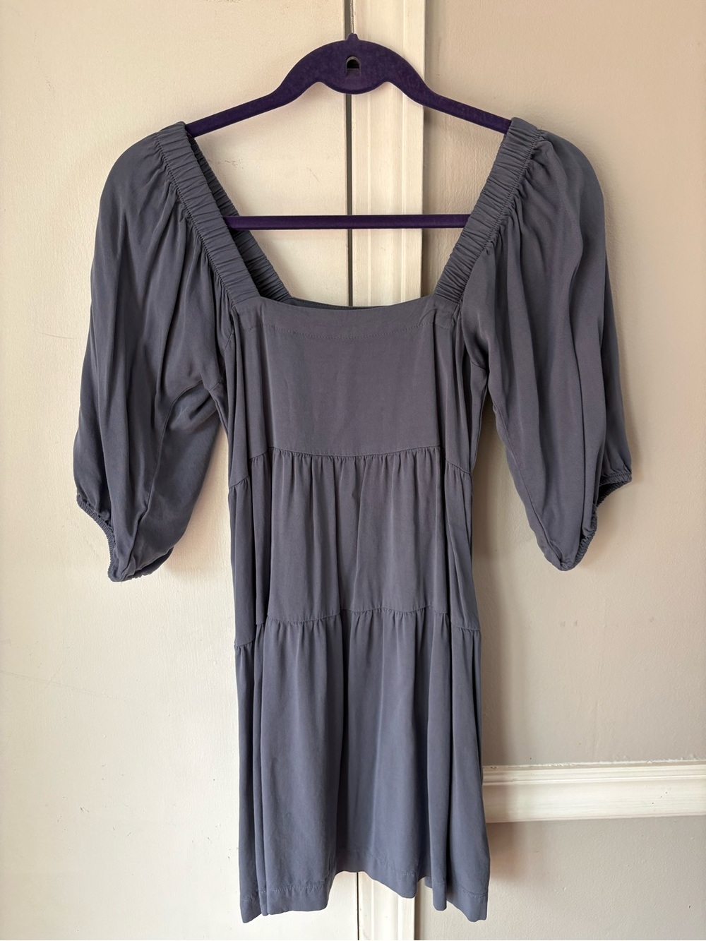 Shinestar Slate Gray Square-Neck Puff Sleeve Mini Dress